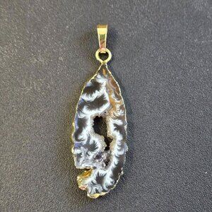 Natural Agate Druzy Slice Pendant Gold Trim Geode Stone Necklace Charm 2"
